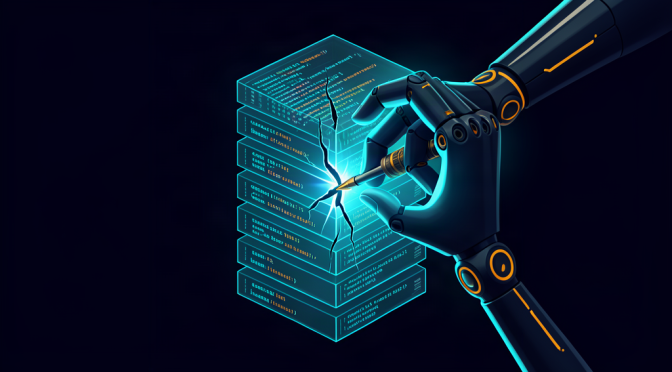 Editorial illustration of an AI robotic hand repairing a crack in a software stack