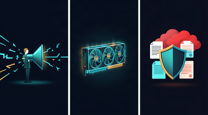 Editorial triptych: broken sound waves, a glowing GPU, and a shield protecting documents